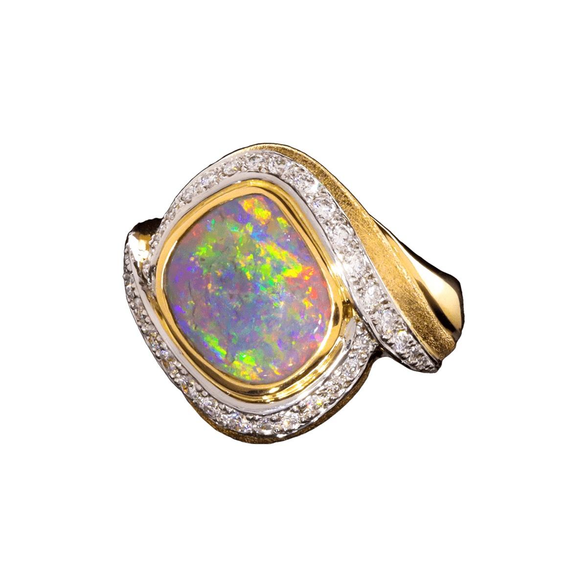 Australian 4.02ct Crystal Opal, Diamond, 18K Gold & Platinum Ring In New Condition For Sale In MAIN BEACH, QLD