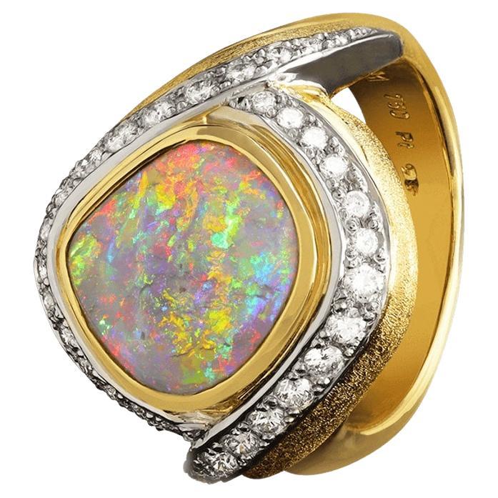 Australian 4.02ct Crystal Opal, Diamond, 18K Gold & Platinum Ring For Sale