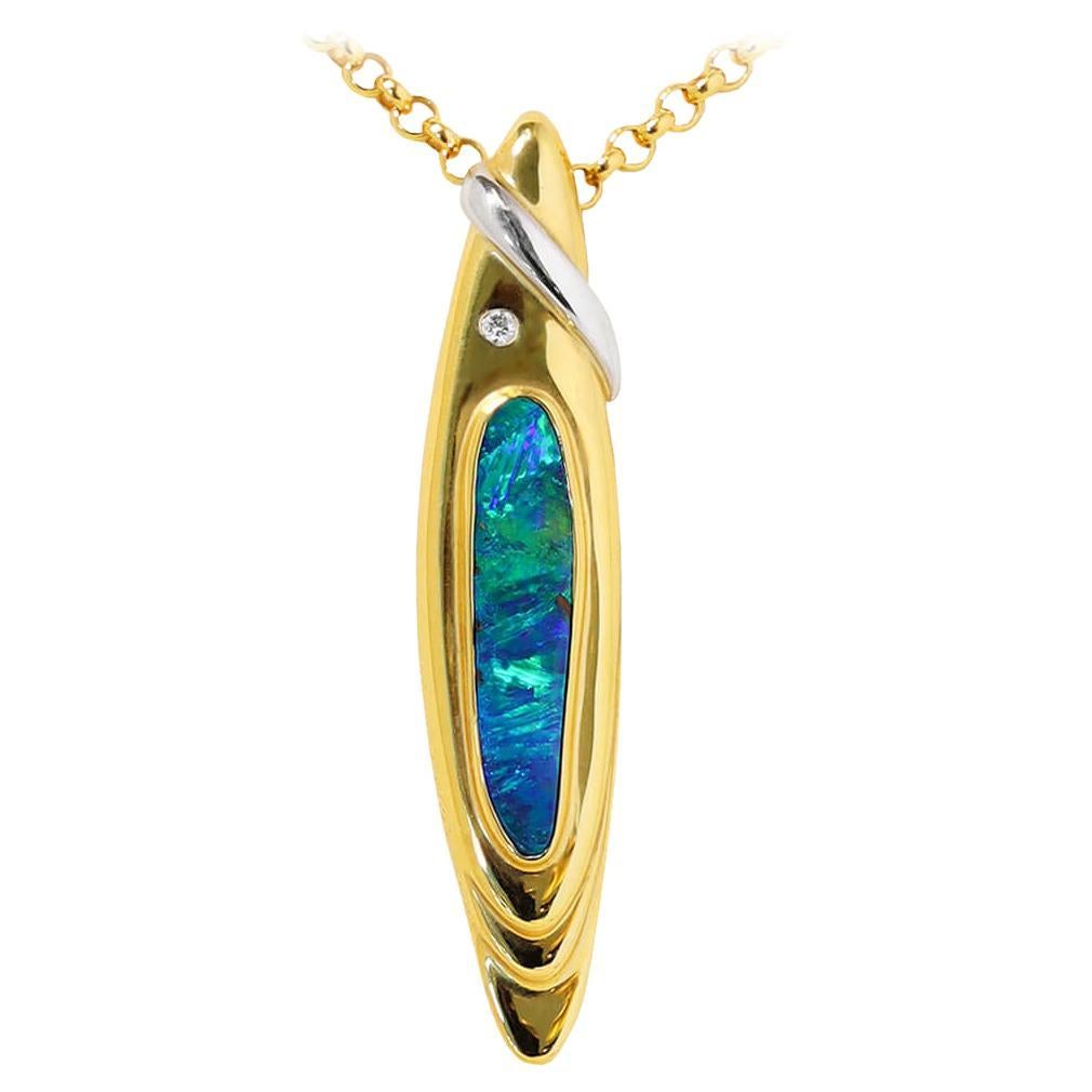 Australian 4.38ct Boulder Opal, Diamond, 18K Gold & Platinum Necklace For Sale
