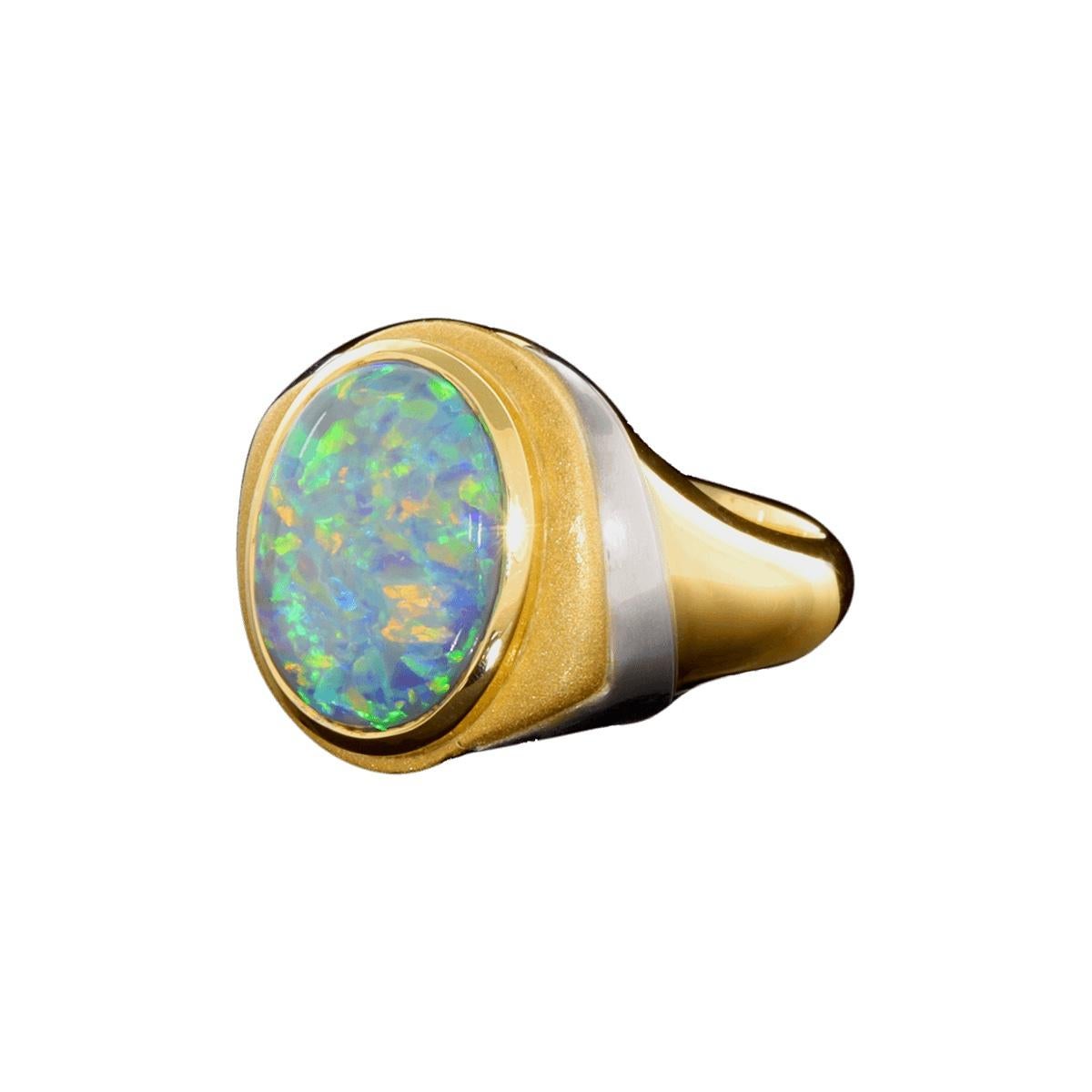 Australian 4.41ct Crystal Opal, 18K Gold & Platinum Ring In New Condition For Sale In MAIN BEACH, QLD