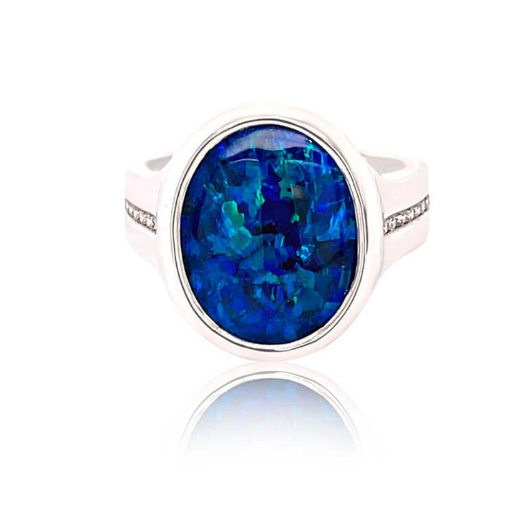 Contemporary Natural Untreated 5.08ct Australian Black Opal Diamond Ring in 18K White Gold For Sale