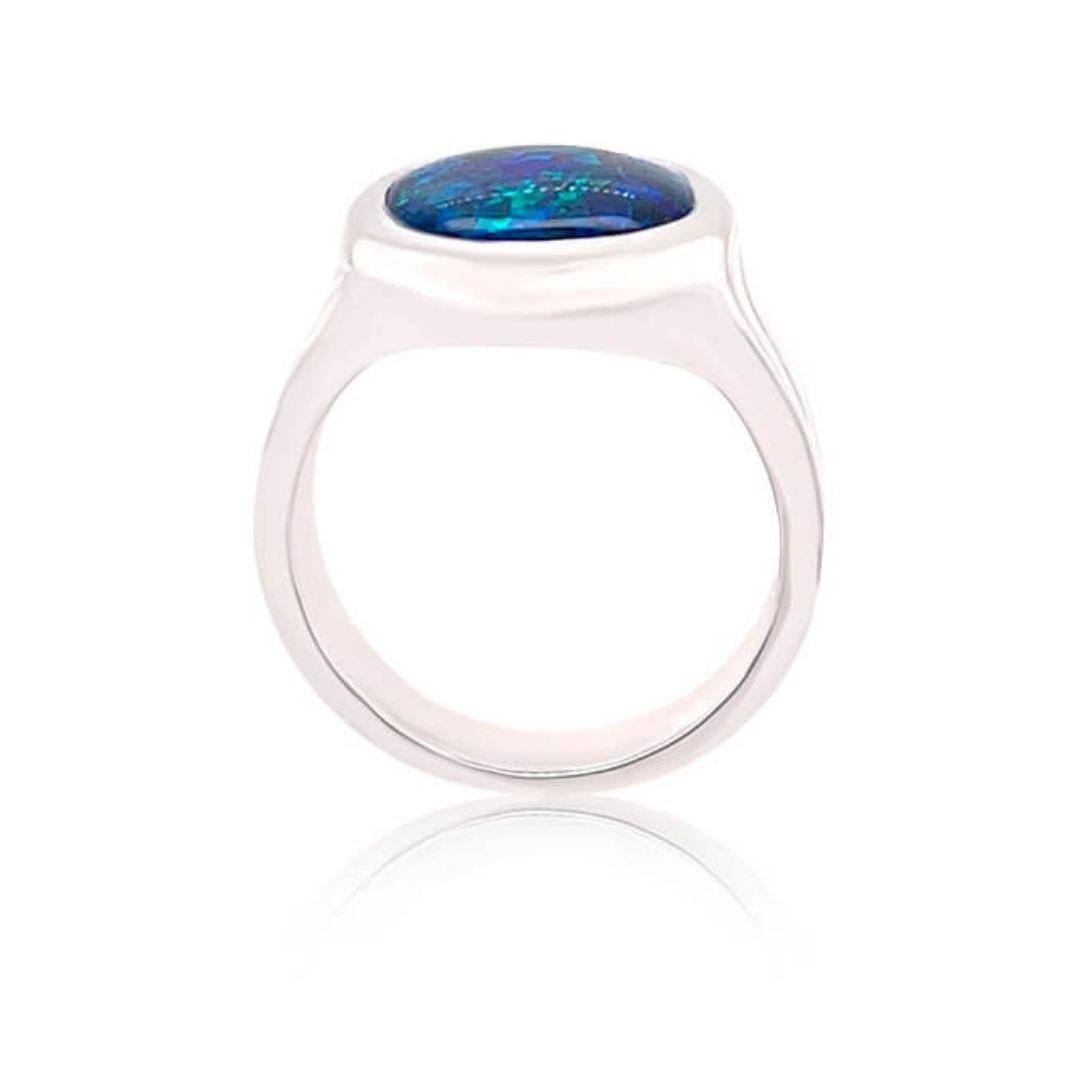 Cabochon Natural Untreated 5.08ct Australian Black Opal Diamond Ring in 18K White Gold For Sale