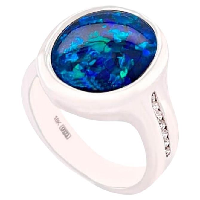 Natural Untreated 5.08ct Australian Black Opal Diamond Ring in 18K White Gold For Sale