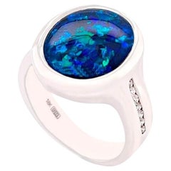 Used Natural Untreated 5.08ct Australian Black Opal Diamond Ring in 18K White Gold