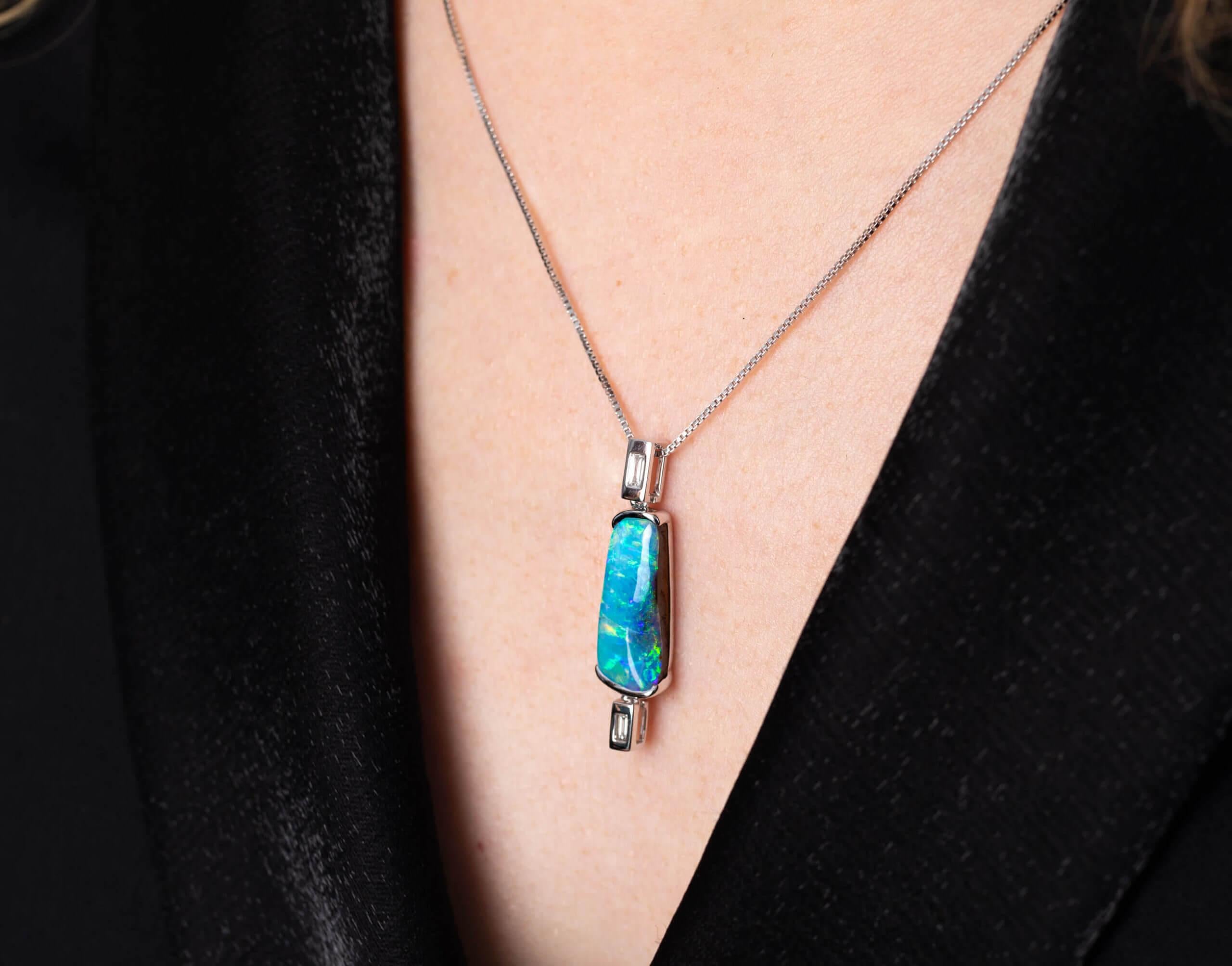 Contemporary Natural Australian 5.52ct Boulder Opal Necklace in 18k White Gold with Diamonds