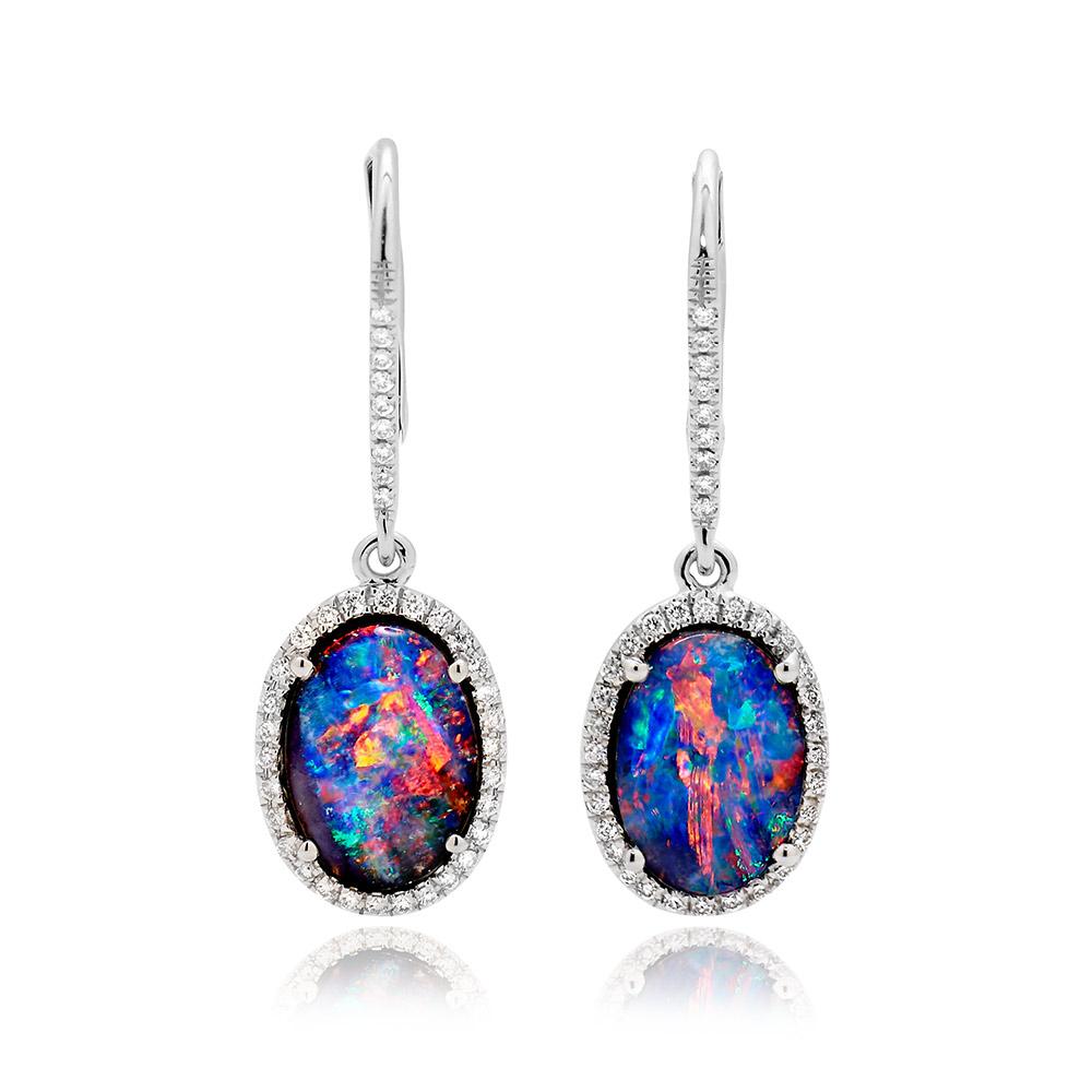 Smouldering and sensuous, “Night Embers” opal earrings glow like night fires. Dramatic boulder opals (5.70ct) from Winton, a popular opal mining area in Australia's Queensland, are framed by sparkling diamonds and mounted in 18K white gold. A secure