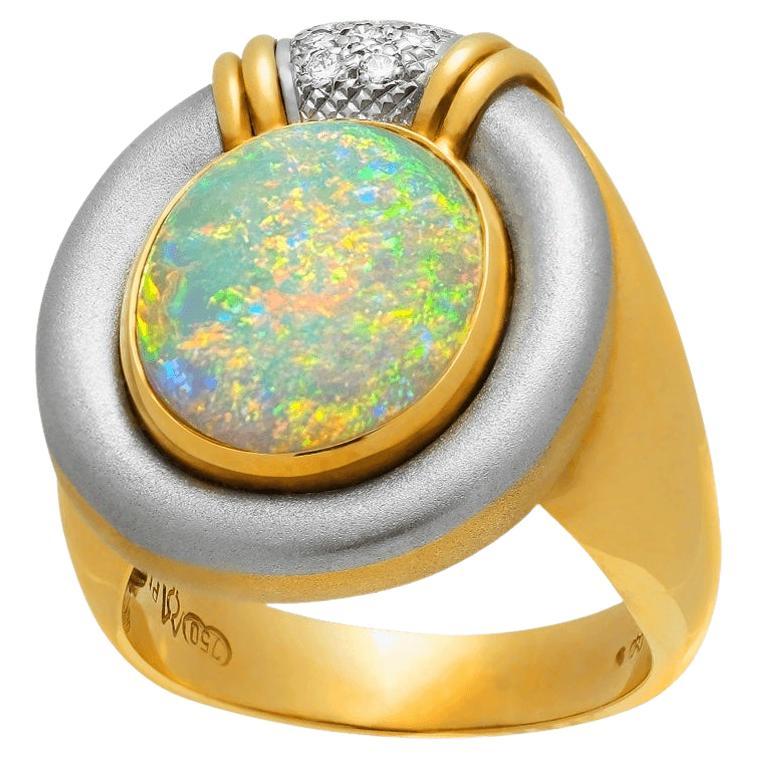 Australian 5.71ct Light Opal, Diamond, 18K Gold & Platinum Ring For Sale