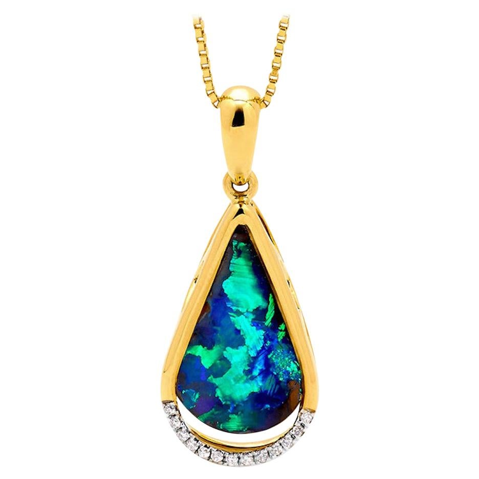 Natural Australian 5.81ct Boulder Opal Necklace in 18k Yellow Gold with Diamonds For Sale