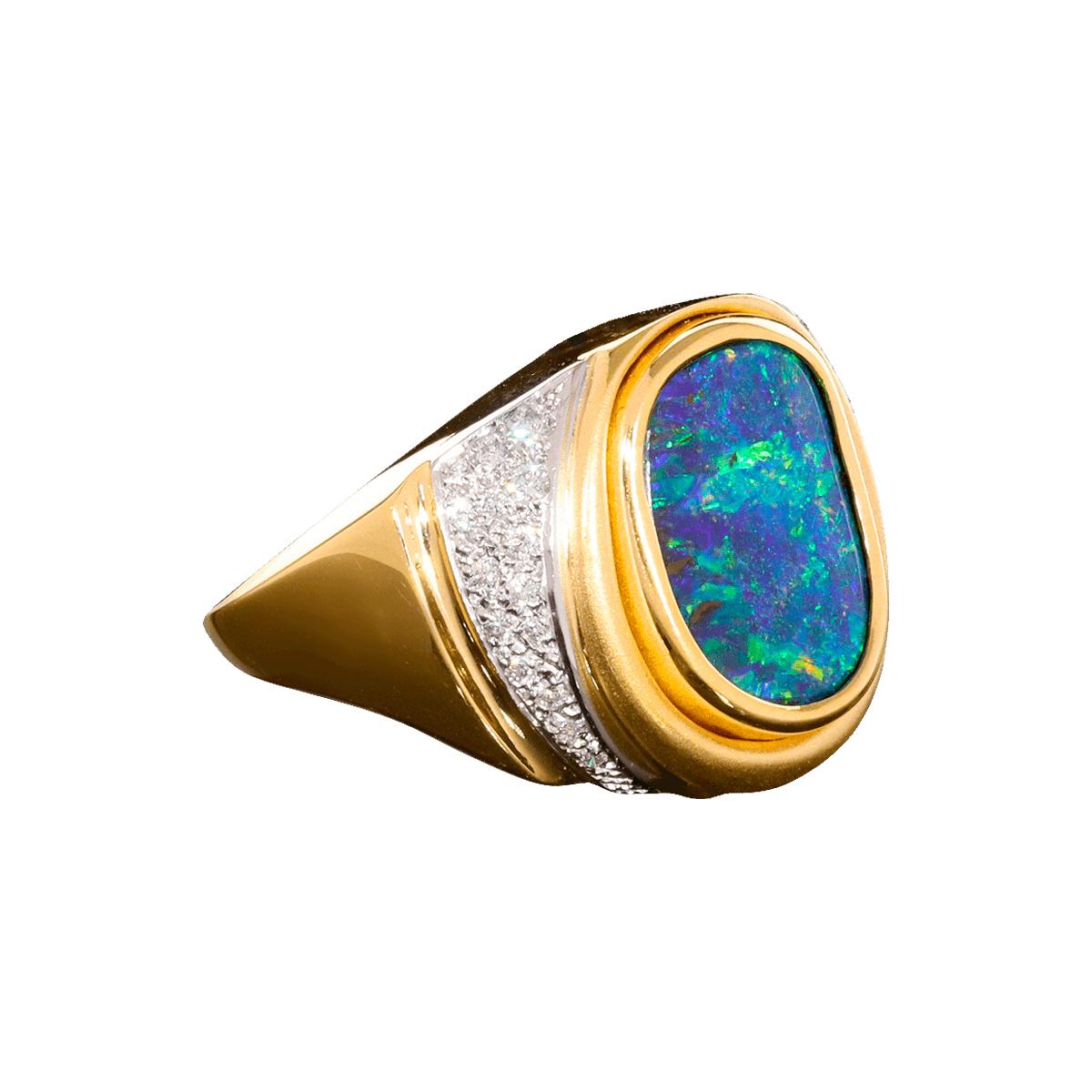 Women's or Men's Australian 6.35ct Boulder Opal, Diamond, 18K Gold & Platinum Ring For Sale