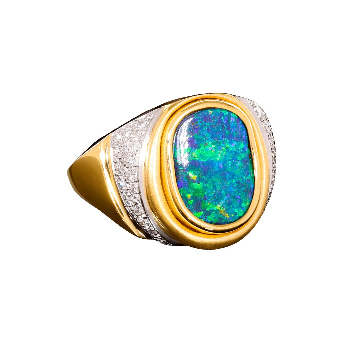 Australian 6.35ct Boulder Opal, Diamond, 18K Gold & Platinum Ring In New Condition For Sale In MAIN BEACH, QLD