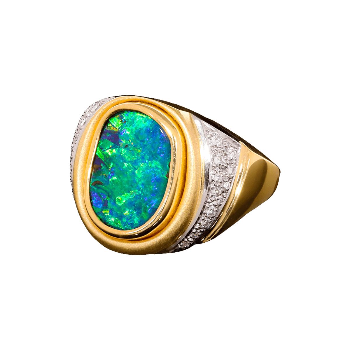 A vacation in the Seychelles that you can wear on your finger. What a stunning ring with a beautiful boulder opal that will bring you back to a tropical holiday every time you look upon it.

Surrounded with high jewellery grade brilliant white