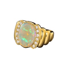 Australian 6.39ct Light Opal, Diamond & 18K Gold Ring