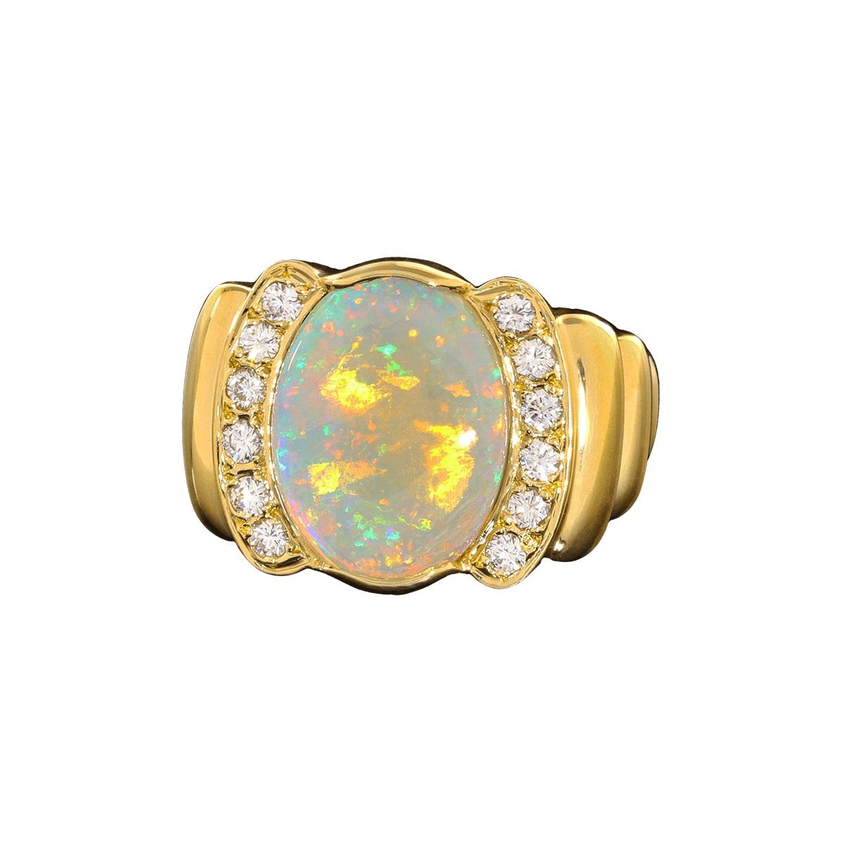 Australischer australischer Ring mit 6,39 Karat hellem Opal, Diamant &amp; 18K Gold (Art déco) im Angebot