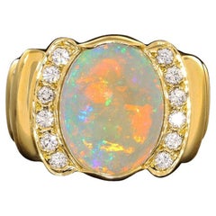 Retro Australian 6.39ct Light Opal, Diamond & 18K Gold Ring