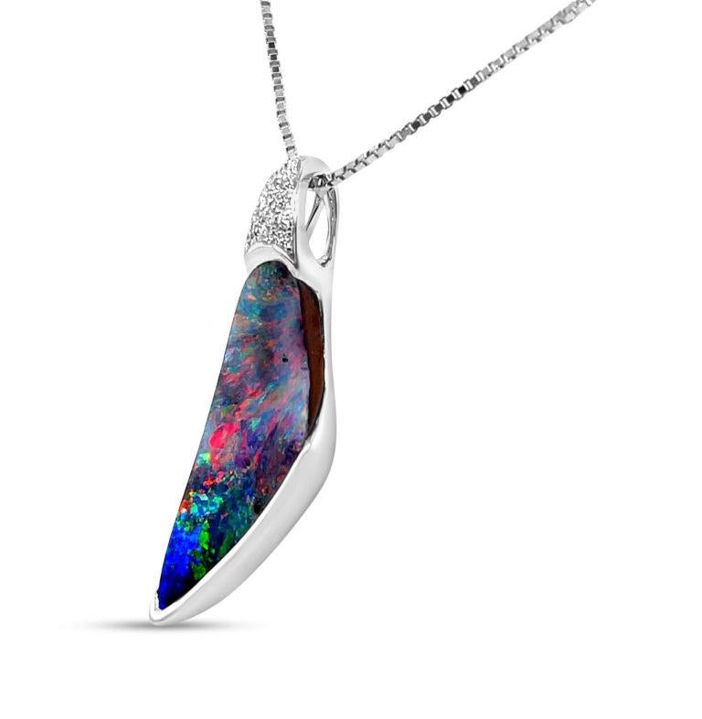 Contemporary Australian 6.42ct Boulder Opal Pendant Necklace in 18K White Gold with Diamonds