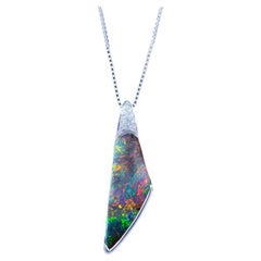 Australian 6.42ct Boulder Opal Pendant Necklace in 18K White Gold with Diamonds