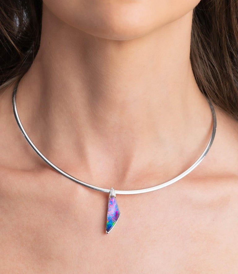 Contemporary Australian 6.42ct Boulder Opal Pendant Necklace in 18K White Gold with Diamonds For Sale
