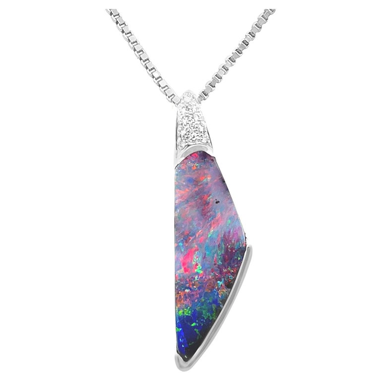 Australian 6.42ct Boulder Opal Pendant Necklace in 18K White Gold with Diamonds For Sale