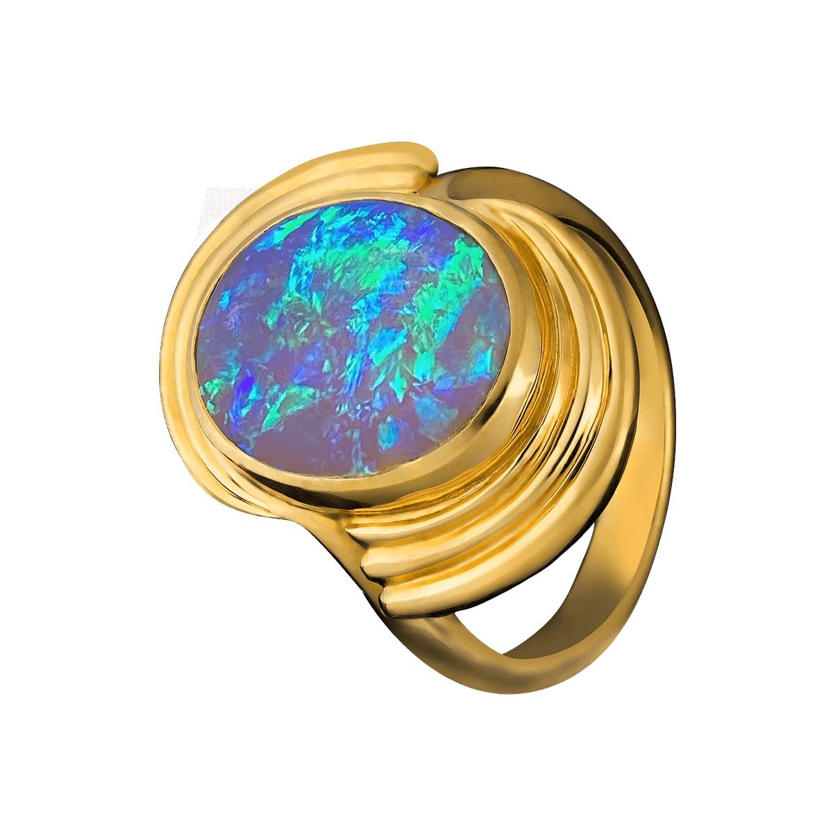 As blue as a tropical ocean and as magical as the aurora borealis, this amazing dark crystal opal will keep you captivated. Set in an Art Deco-styled 18K solid gold ring, it is a classic that will turn heads for generations.

SPECIFICATIONS
Opal