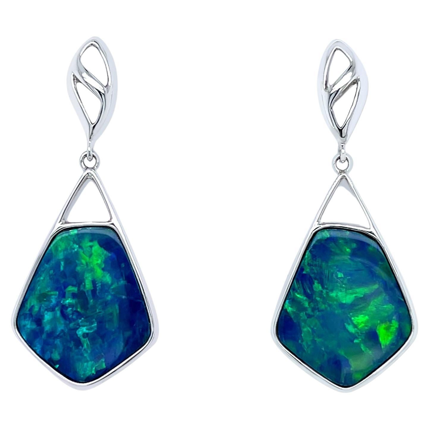 Australian 6.61ct Opal Doublet Earrings in 18K White Gold