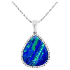 Australian 6.76ct Opal Doublet and Diamonds Pendant Necklace in 18K White Gold