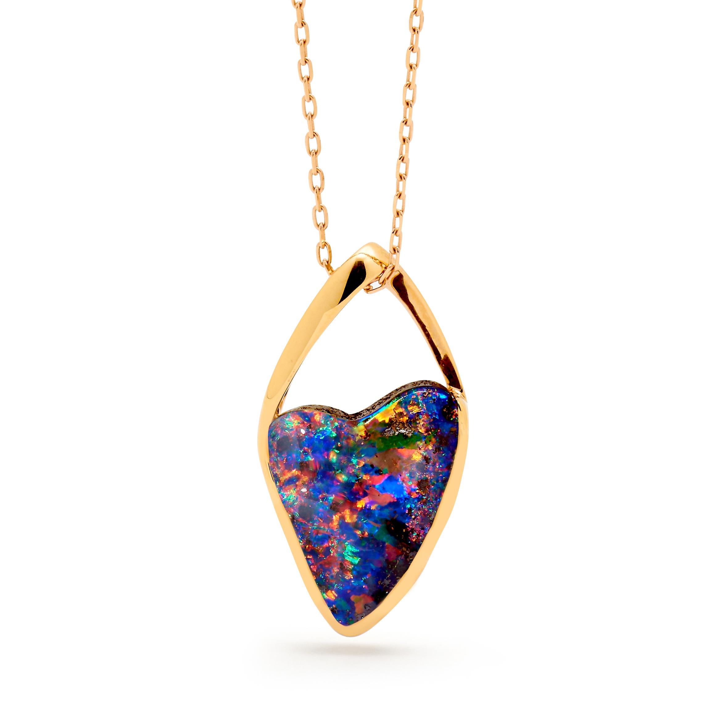 'My Cherie Amour' opal pendant is an expression of true love. The masterly angulated boulder opal (6.87ct) from Winton. Elegant and arresting, the freeform re-endition of a heart shape in this opal gem, traditionally a symbol of loyalty and wisdom,