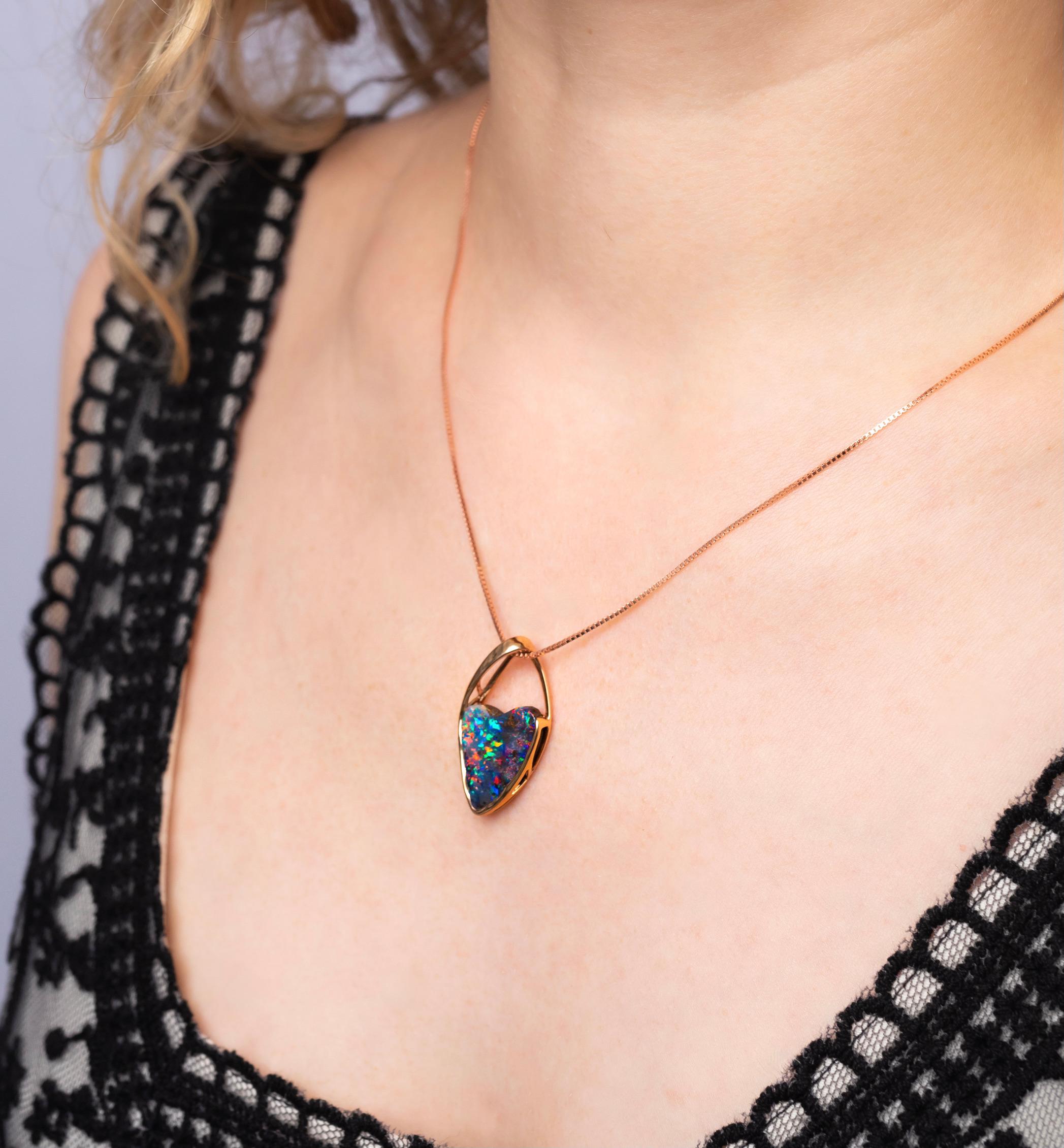 Cabochon Natural Untreated Australian 6.87ct Boulder Opal Pendant Necklace 18K Rose Gold For Sale