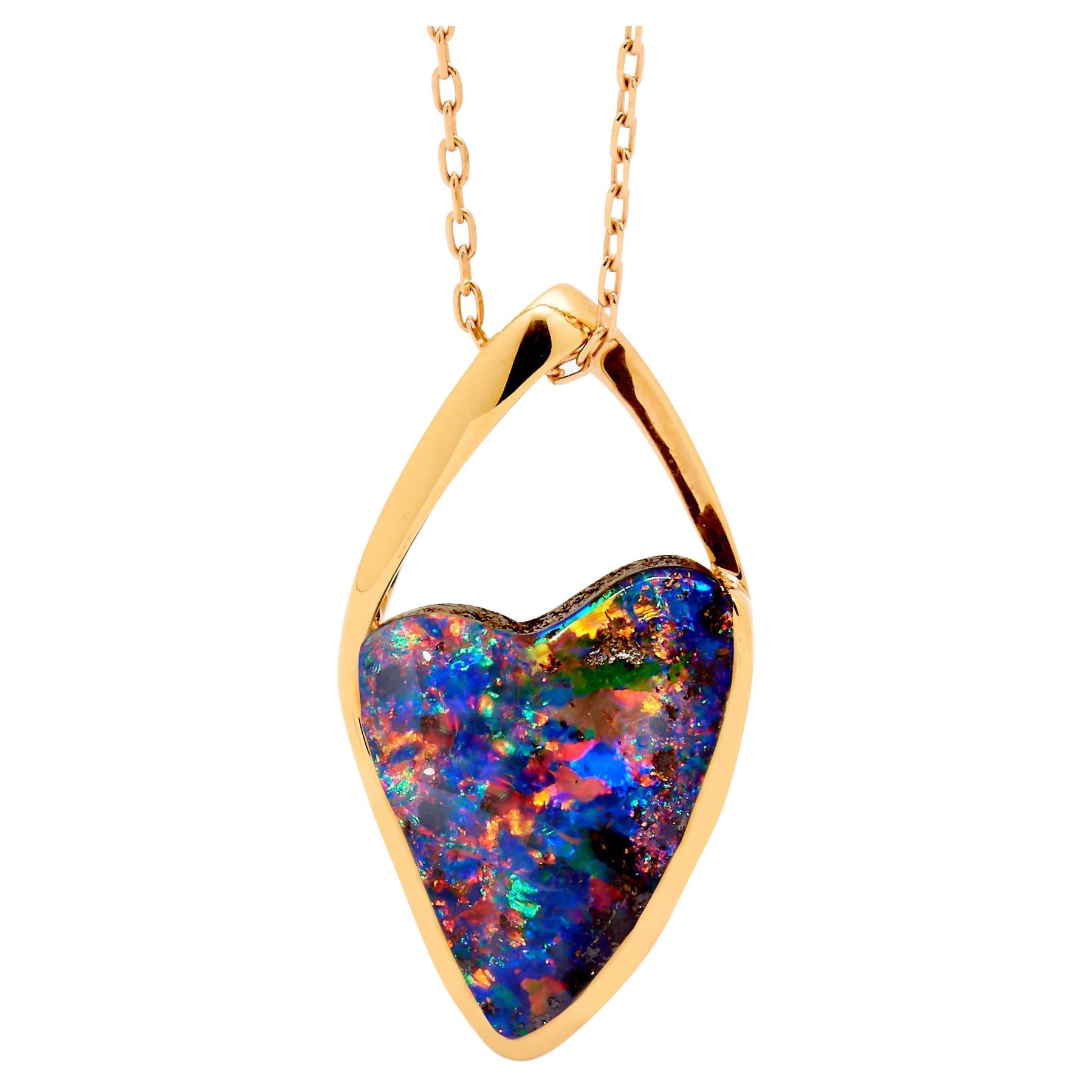 Natural Untreated Australian 6.87ct Boulder Opal Pendant Necklace 18K Rose Gold