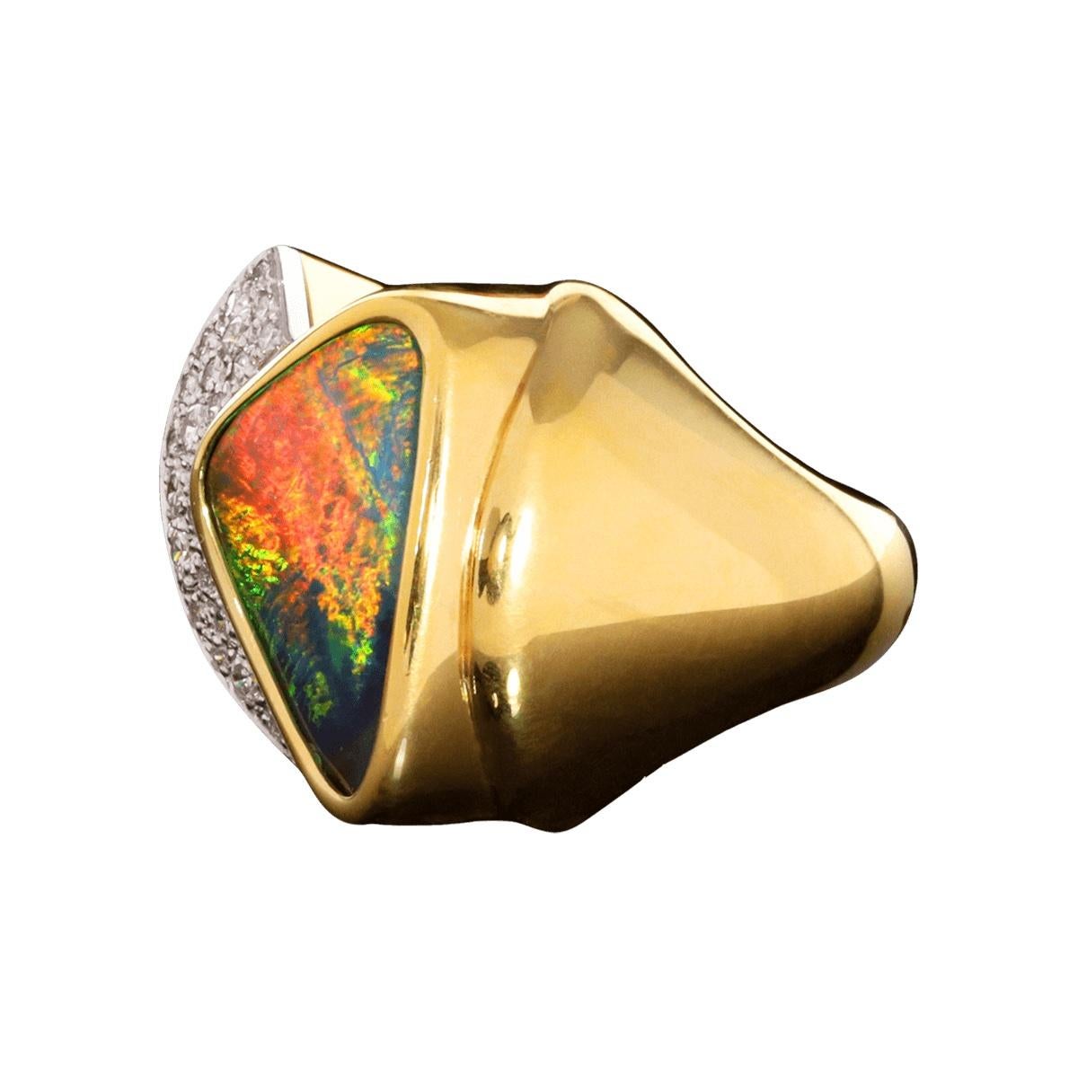 Cabochon Australian 6.95ct Boulder Opal, Diamond, 18K Gold & Platinum Ring For Sale