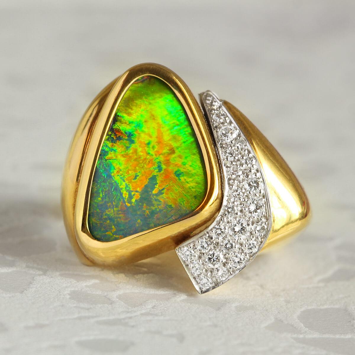 Australian 6.95ct Boulder Opal, Diamond, 18K Gold & Platinum Ring In New Condition For Sale In MAIN BEACH, QLD