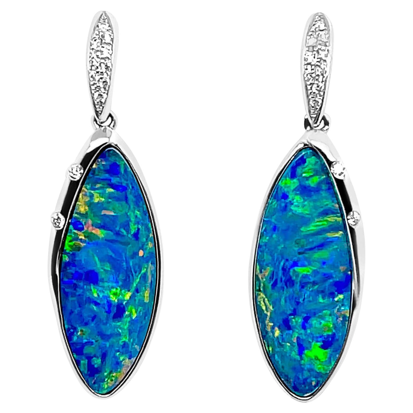 Australian 6.95ct Opal Doublet/Diamond Drop Earrings in 18K White Gold