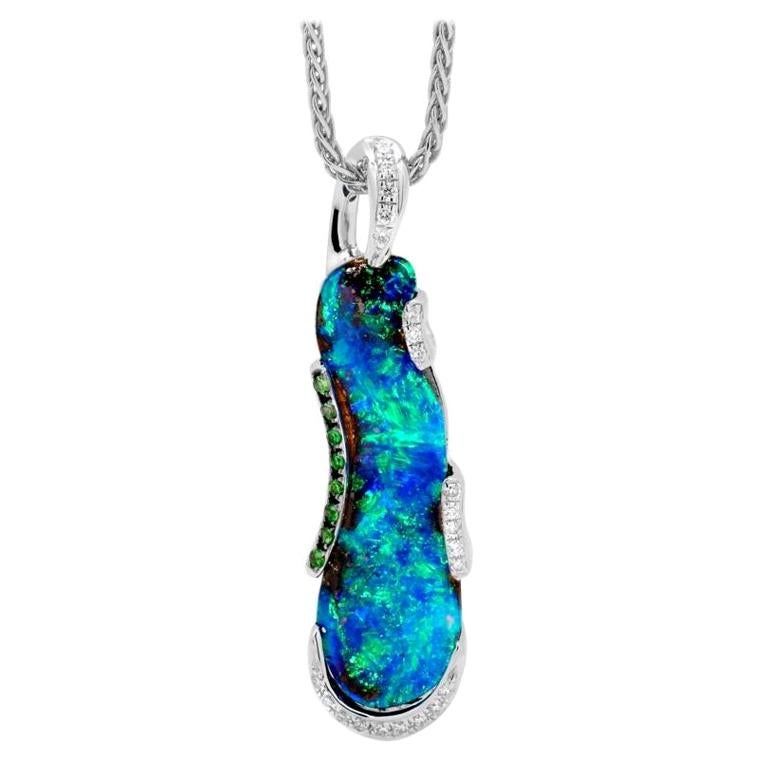 Natural Australian 7.08ct Boulder Opal Necklace in 18K White Gold with Diamonds For Sale