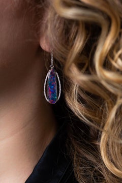 Natural Australian 7.22ct Opal Doublet Diamond Dangle Earrings 18K White Gold
