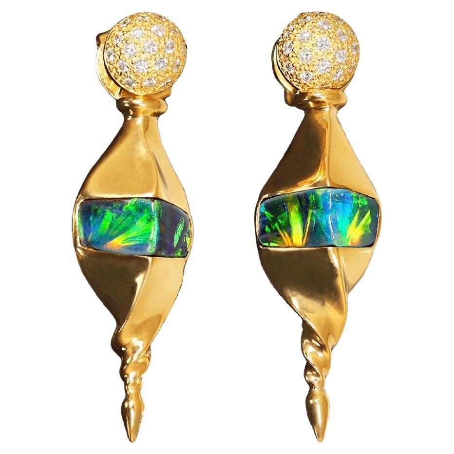 Clous d'oreilles en or 18 carats et opale de roche australienne de 7,27 carats avec diamants détachables en vente