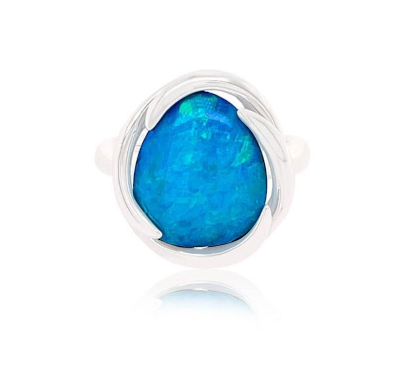 Contemporary Natural Untreated Australian 7.65ct Boulder Opal Ring in 18K White Gold