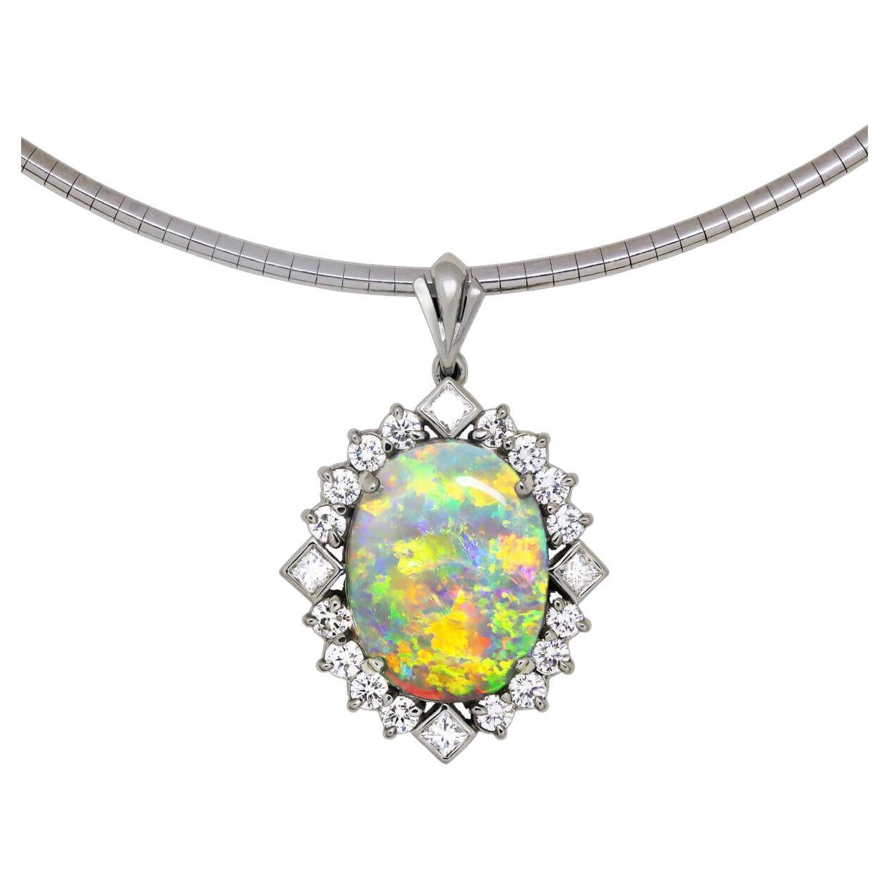 Australian 7.86ct Crystal Opal, Diamond & Platinum Necklace For Sale