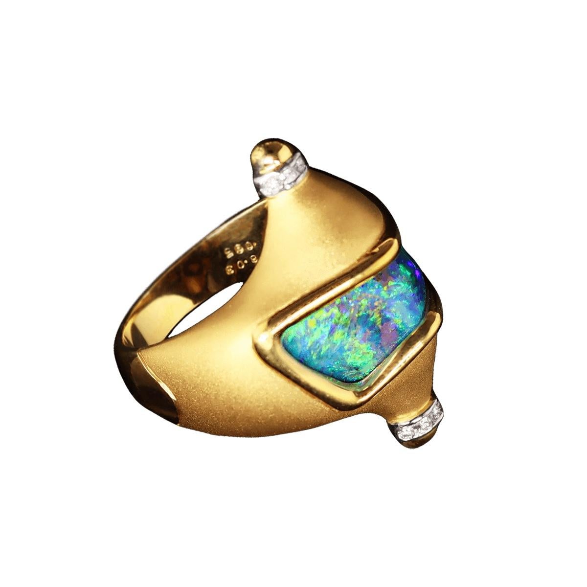 Women's or Men's Australian 8.03ct Boulder Opal, Diamond, 18K Gold & Platinum Ring For Sale