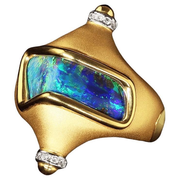 Australian 8.03ct Boulder Opal, Diamond, 18K Gold & Platinum Ring For Sale