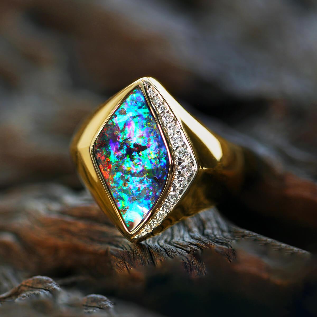 Australian 8.24ct Boulder Opal, Diamond, 18K Gold & Platinum Ring For Sale 3