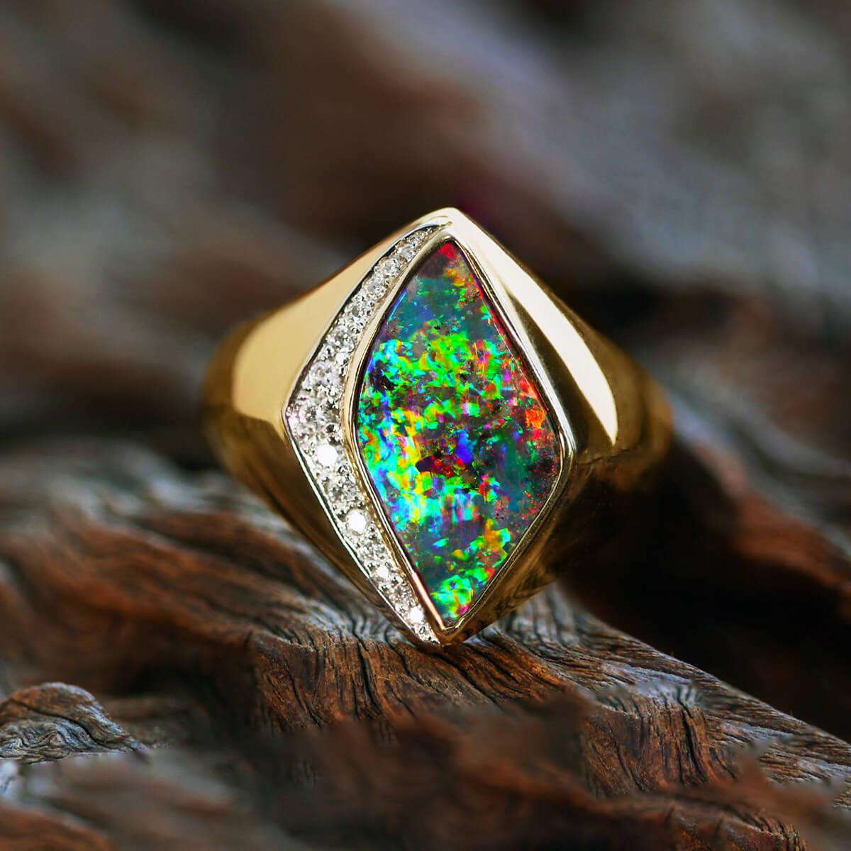 Australian 8.24ct Boulder Opal, Diamond, 18K Gold & Platinum Ring For Sale 4