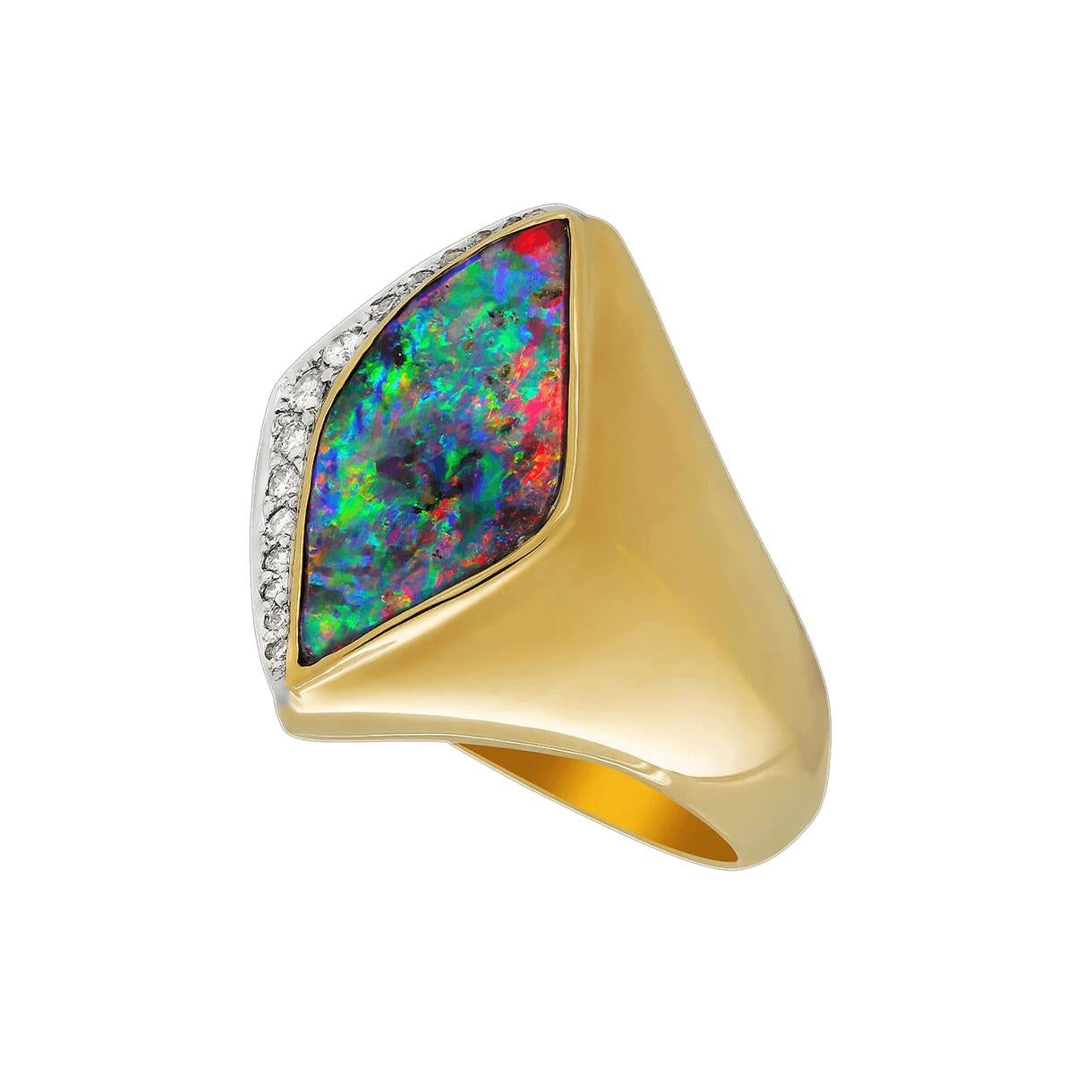Cabochon Australian 8.24ct Boulder Opal, Diamond, 18K Gold & Platinum Ring For Sale