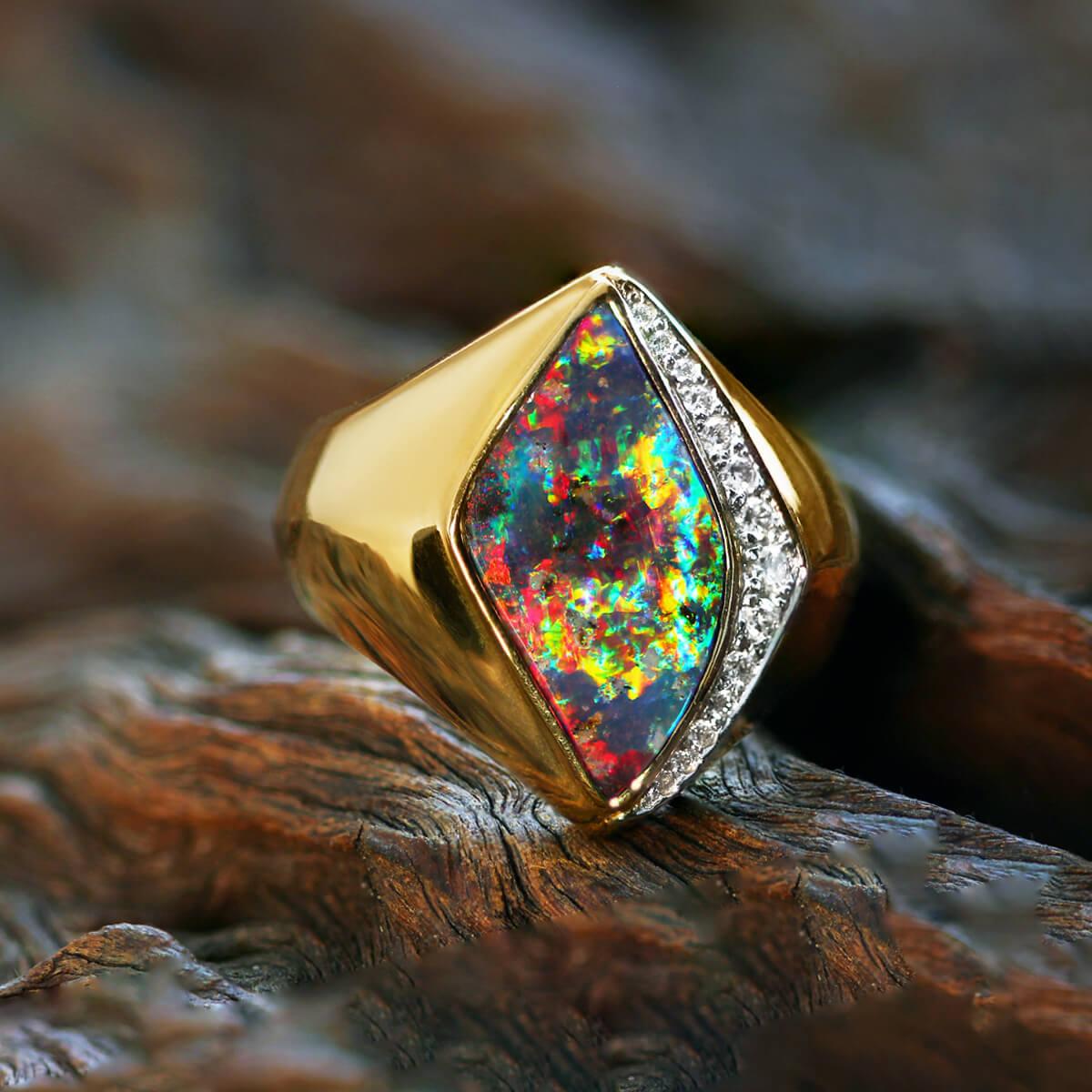 Australian 8.24ct Boulder Opal, Diamond, 18K Gold & Platinum Ring For Sale 3