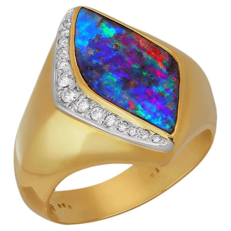Australian 8.24ct Boulder Opal, Diamond, 18K Gold & Platinum Ring For Sale