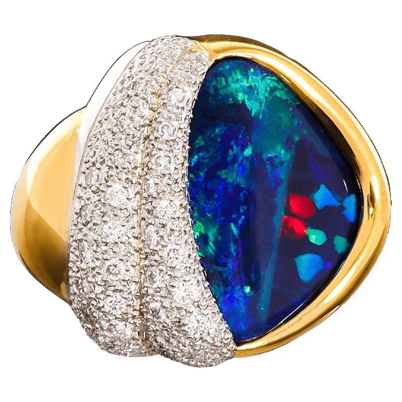 Australischer Ring aus 18 Karat Gold und Platin mit 9,18 Karat Boulder-Opal, Diamant