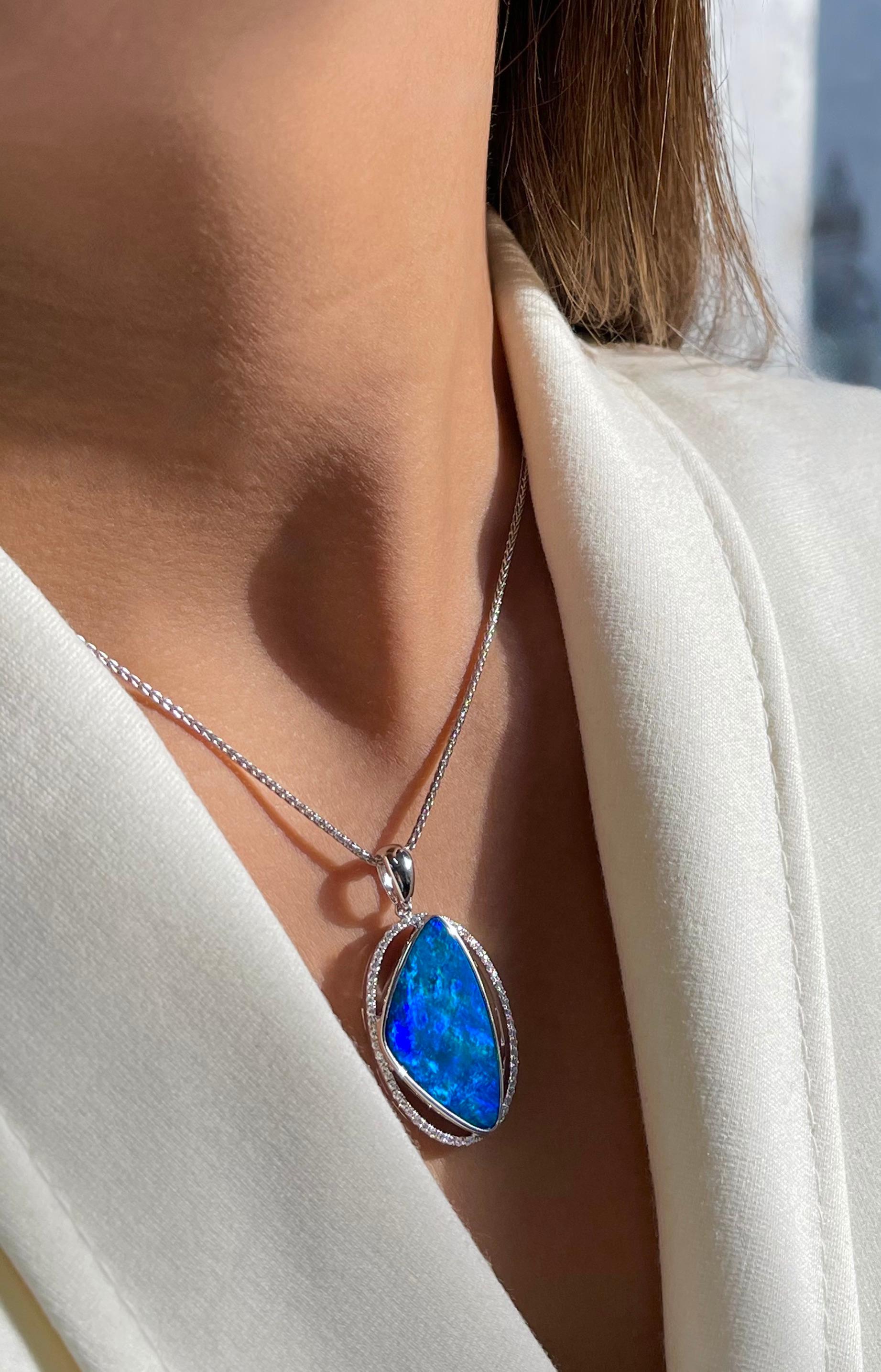 Contemporary Australian 9.24ct Opal Doublet and Diamond Necklace in 18k White Gold