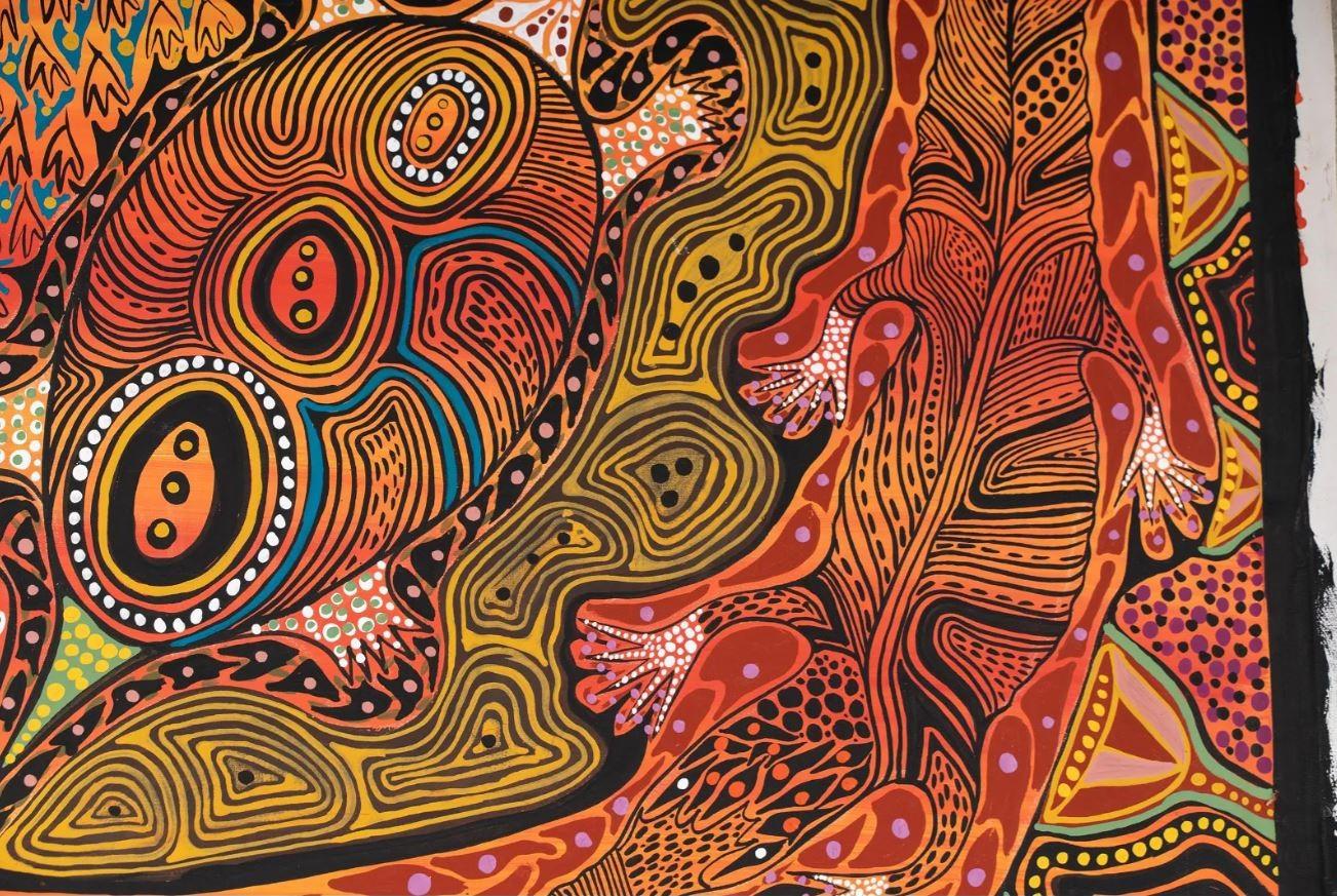 Australian Aboriginal Art Benigna Ngulfundi Original Painting Crocodile Season In Good Condition In Studio City, CA