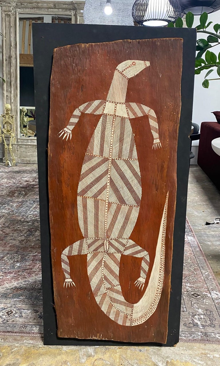 Australian Aboriginal Art David Milaybuma Goanna Lizard Mounted Bark