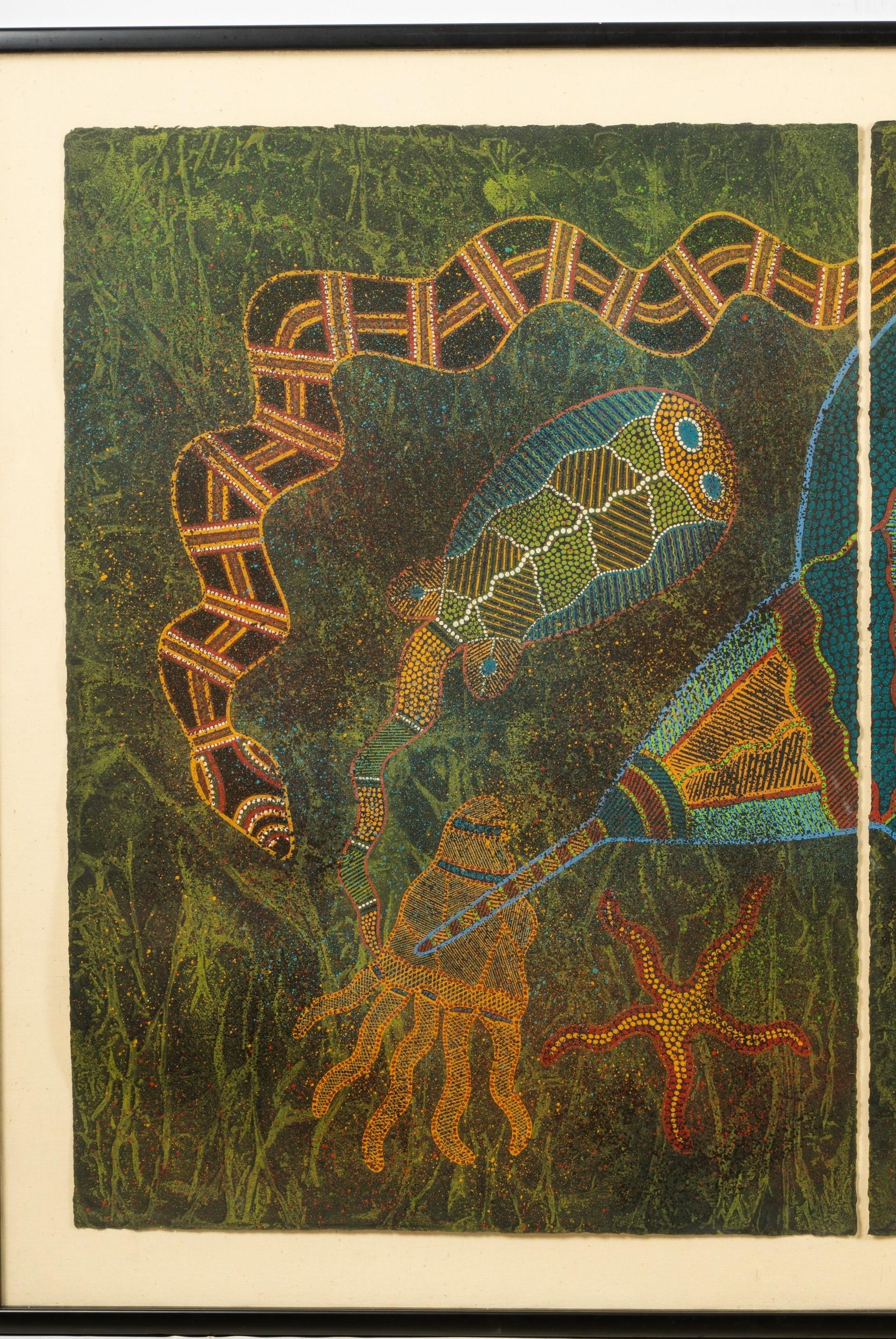 Tribal Australian Aboriginal Art Leanna Wanjidari Reid Signed Black Marlin Triptych For Sale