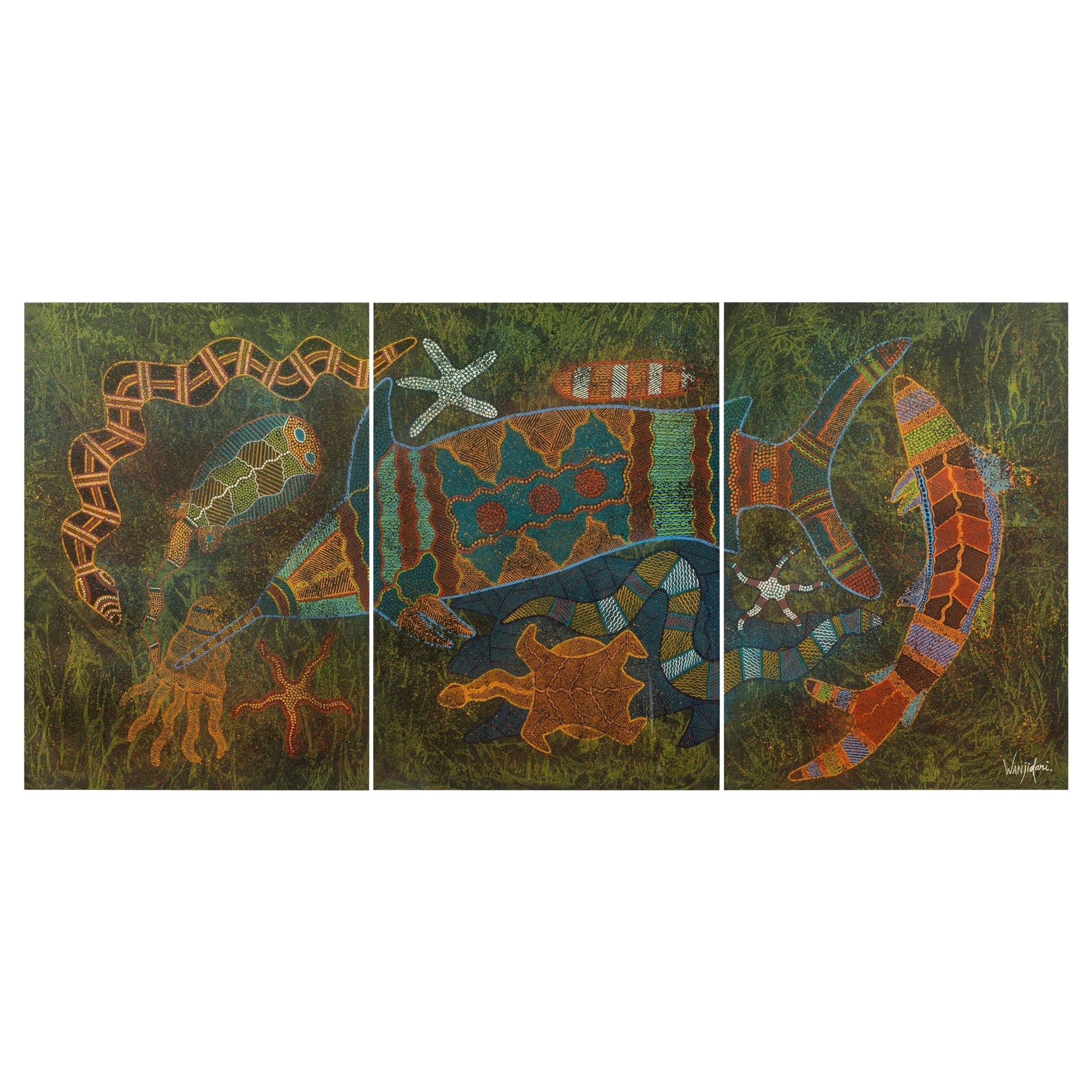 Australian Aboriginal Art Leanna Wanjidari Reid Signed Black Marlin Triptych