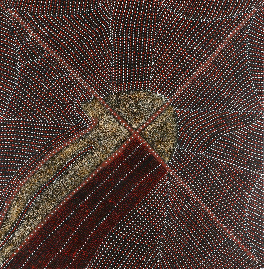 A stunning contemporary aboriginal painting by Kathleen Petyarre (1940-2018). The painting was from 2010. It is framed and comes with a copy of gallery provenance. 
Canvas only measures 38